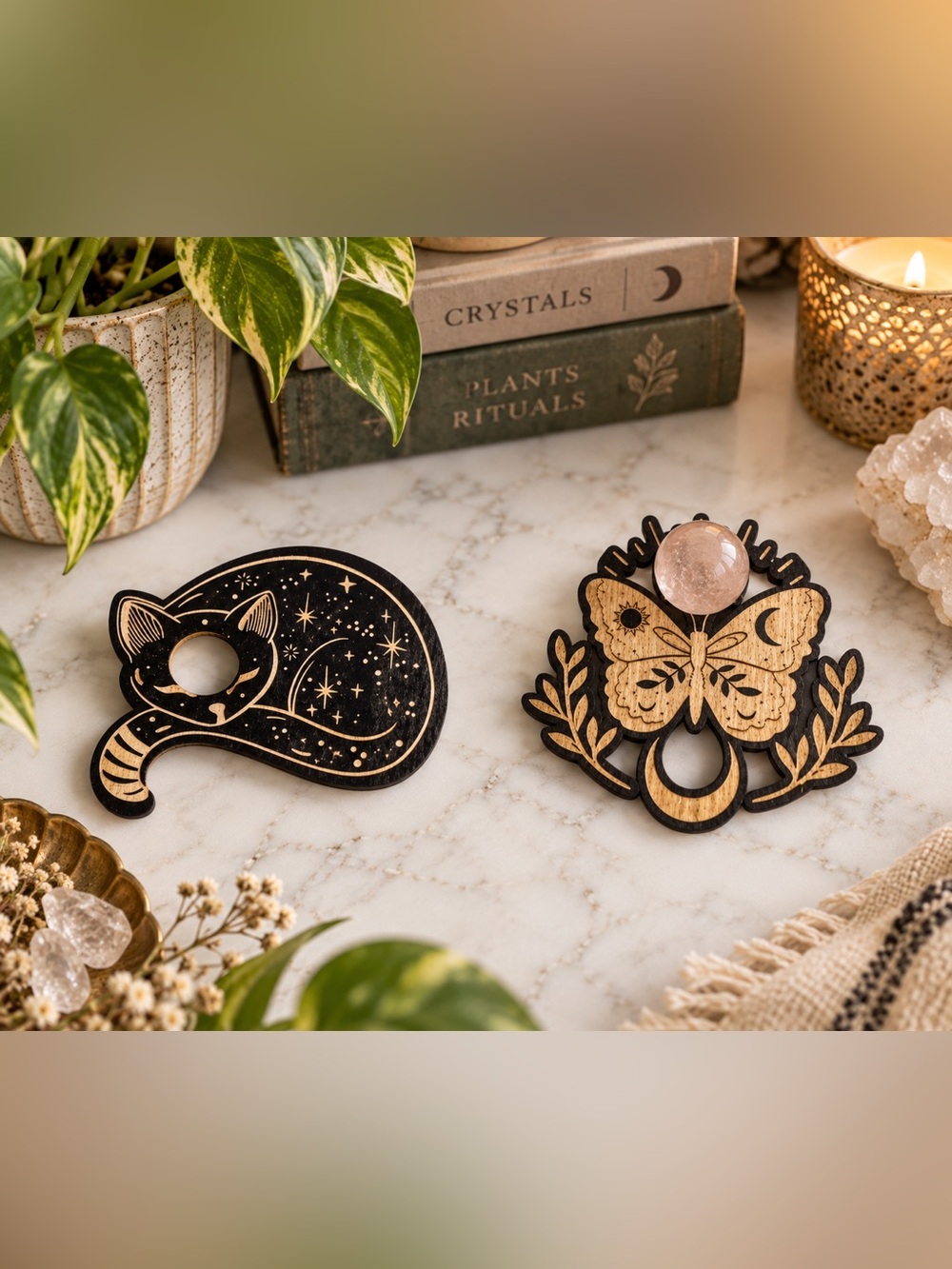 Celestial Black Cat & Butterfly Moth Crystal Sphere Stand Holders Wood NEW